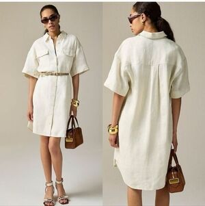 J Crew Womens Utility Linen Mini Shirtdress Size Small Tall Cream Lined NEW Prep
